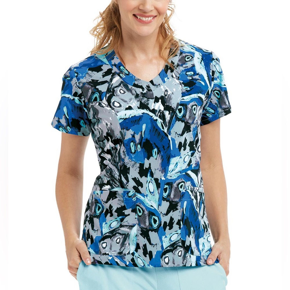 Grey's Anatomy Blue and Gray Patterned Scrub Top